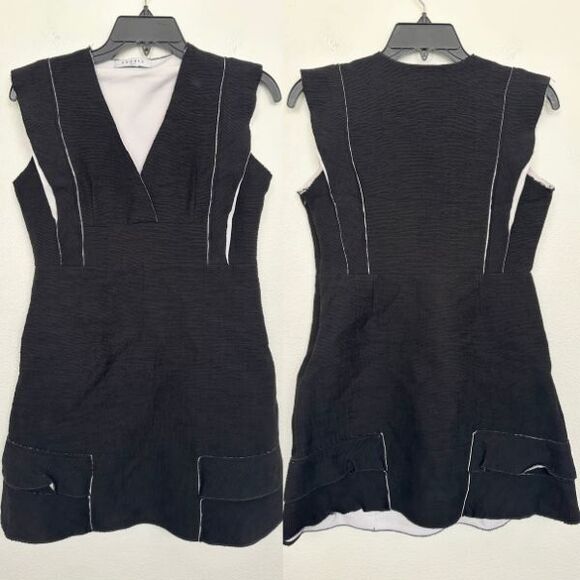 Sandro Dentelle Ruffle Layered A-Line Dress Black White V-Neck Mini Women's 2 - Picture 1 of 12